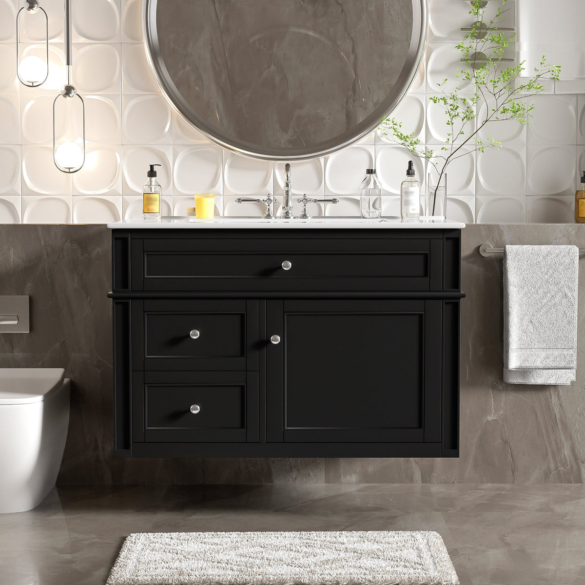 30-Inch Wall Mounted Bathroom Vanity, Floating Cabinet with Ceramic Sink, Black, photo 4 of 10