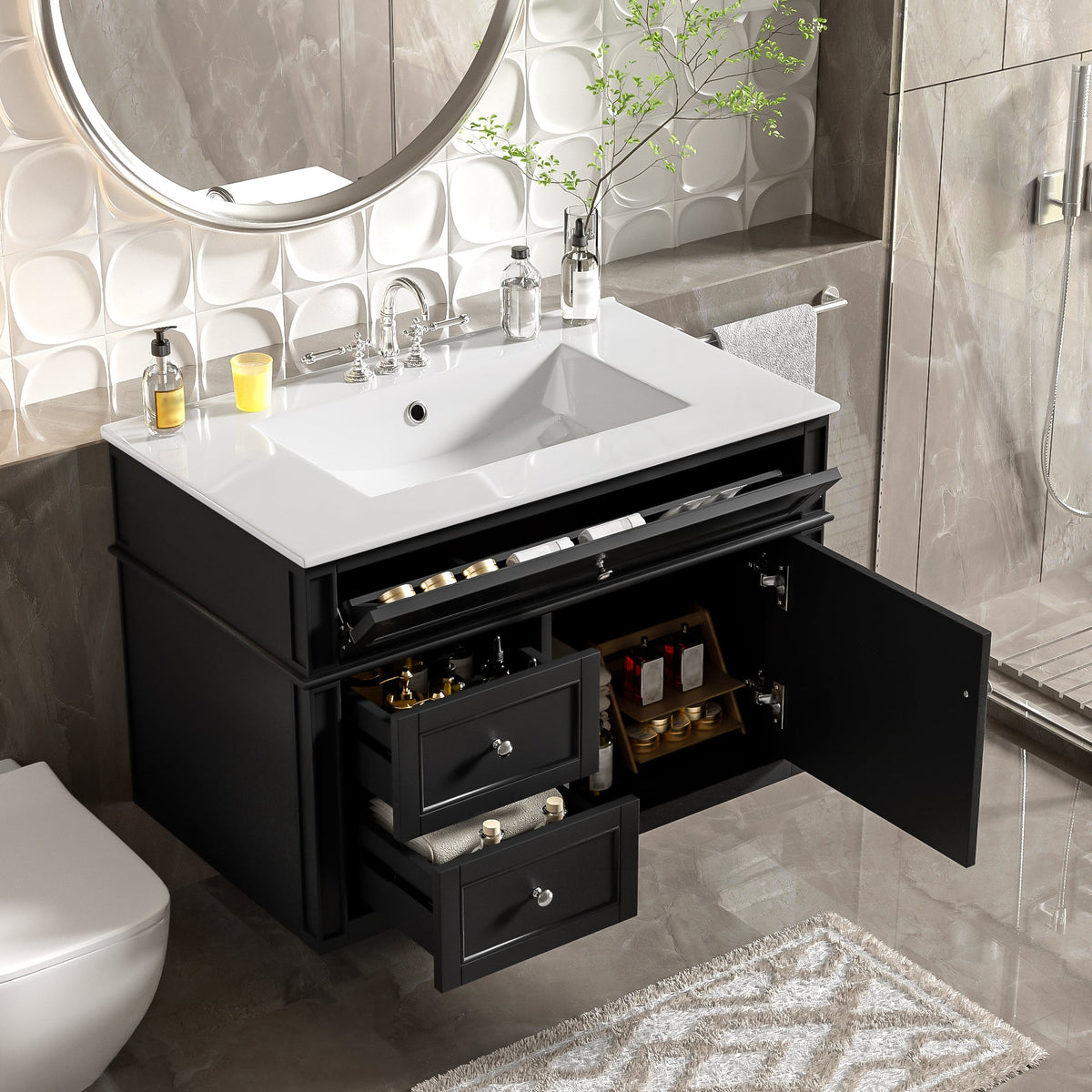 30-Inch Wall Mounted Bathroom Vanity, Floating Cabinet with Ceramic Sink, Black, photo 5 of 10