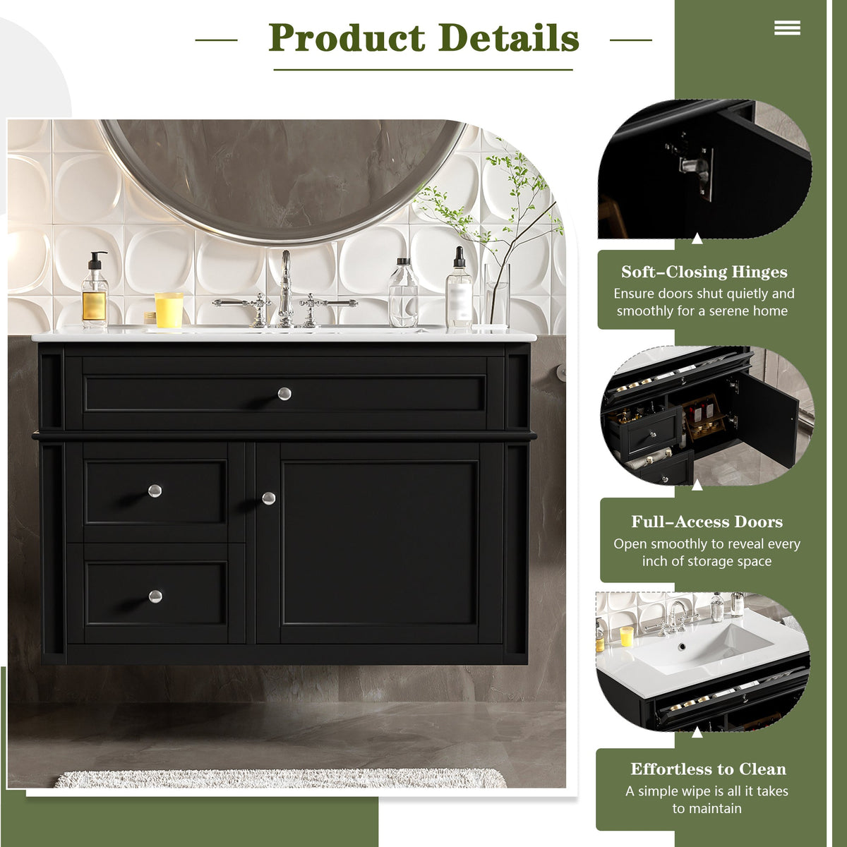 30-Inch Wall Mounted Bathroom Vanity, Floating Cabinet with Ceramic Sink, Black, photo 6 of 10