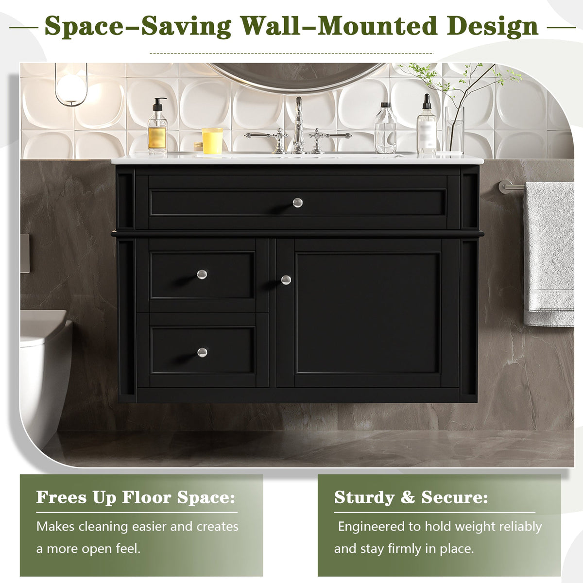 30-Inch Wall Mounted Bathroom Vanity, Floating Cabinet with Ceramic Sink, Black, photo 7 of 10