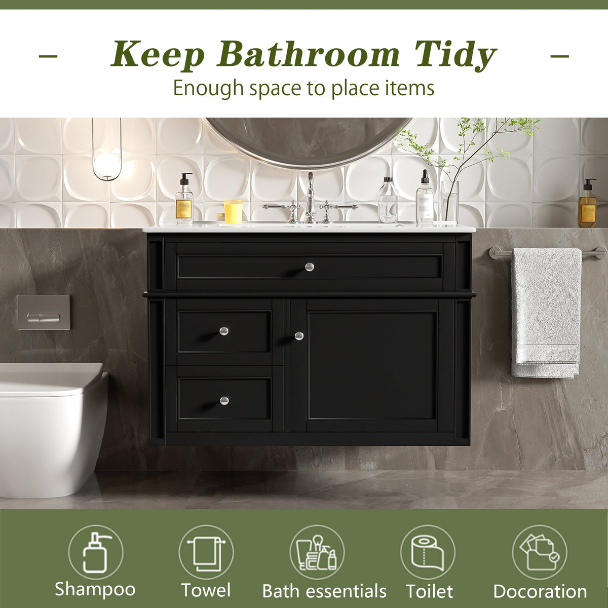 30-Inch Wall Mounted Bathroom Vanity, Floating Cabinet with Ceramic Sink, Black, photo 8 of 10