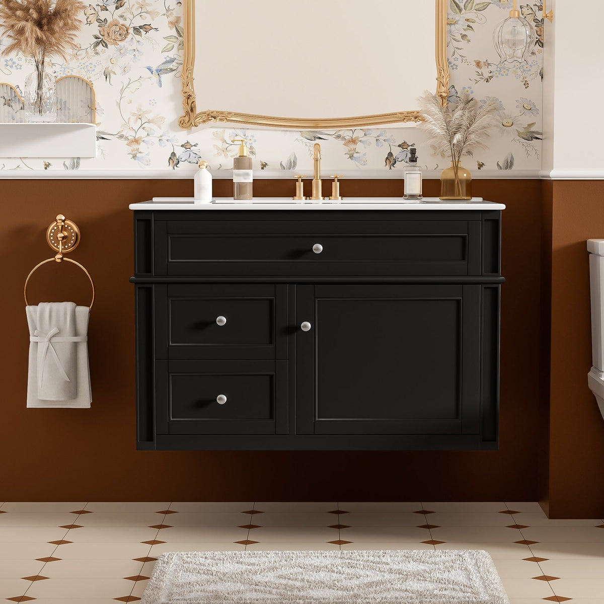 30-Inch Wall Mounted Bathroom Vanity, Floating Cabinet with Ceramic Sink, Black