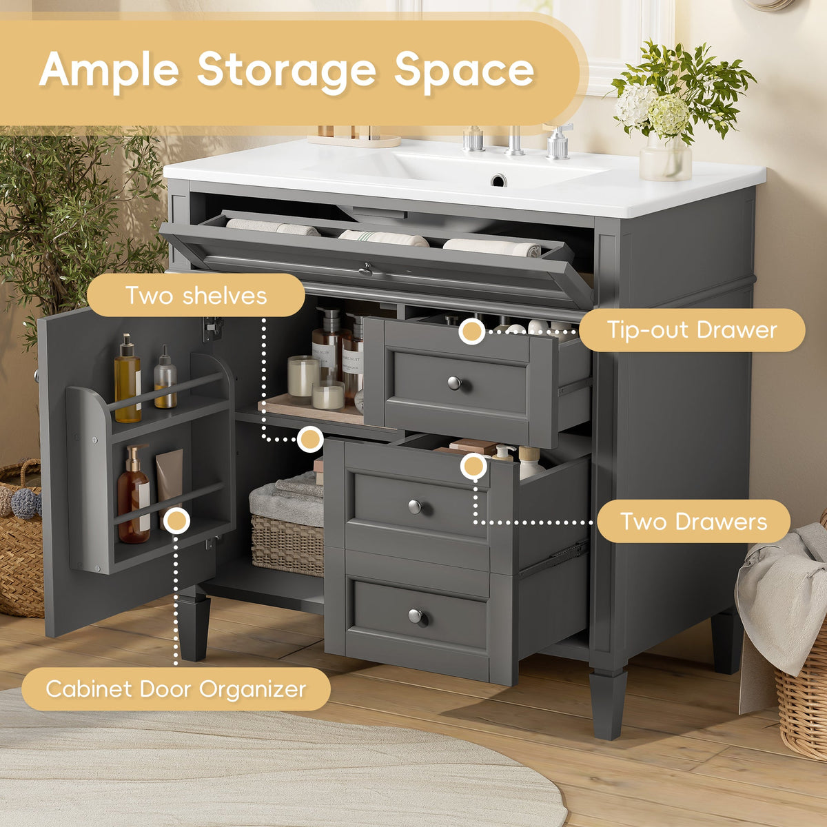 36-Inch Bathroom Vanity with Ceramic Sink, Grey Modern Cabinet, photo 10 of 10