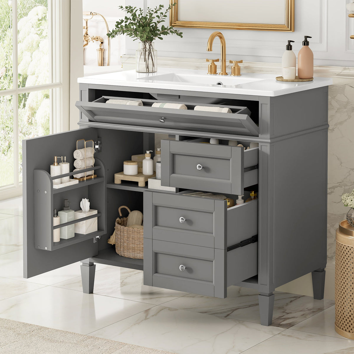 36-Inch Bathroom Vanity with Ceramic Sink, Grey Modern Cabinet, photo 4 of 10