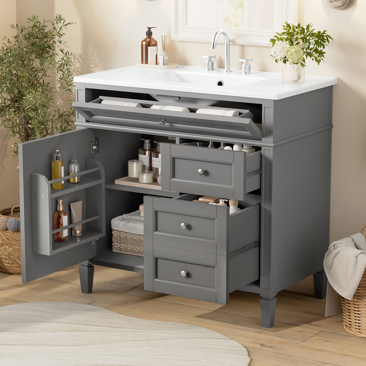 36-Inch Bathroom Vanity with Ceramic Sink, Grey Modern Cabinet, photo 6 of 10