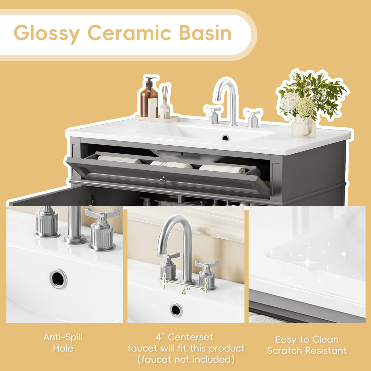 36-Inch Bathroom Vanity with Ceramic Sink, Grey Modern Cabinet, photo 8 of 10