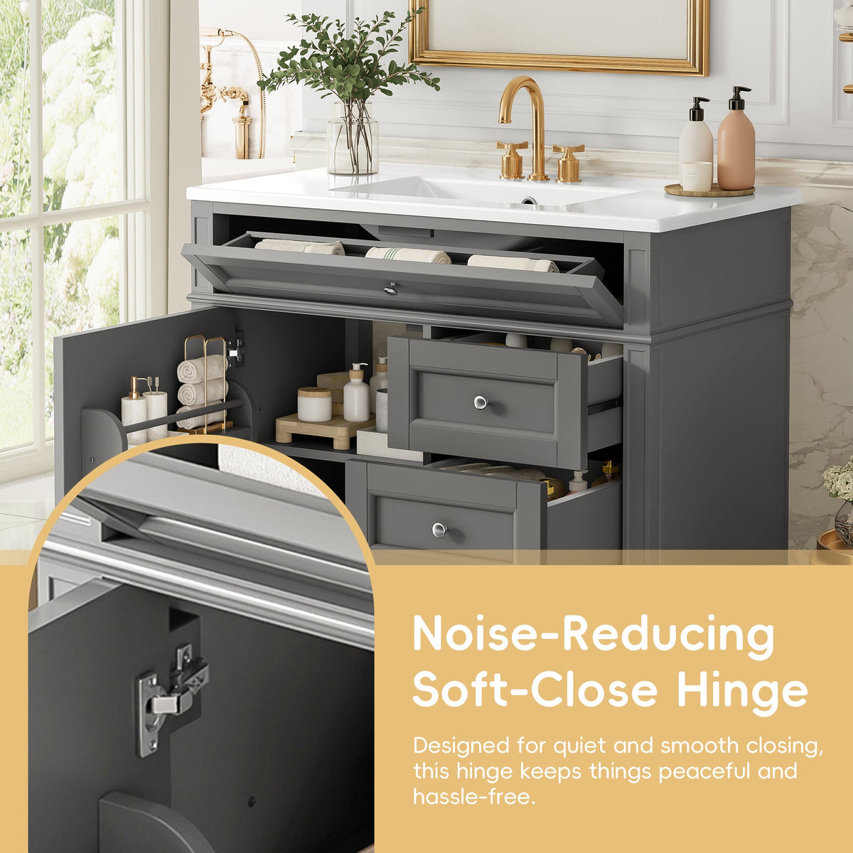 36-Inch Bathroom Vanity with Ceramic Sink, Grey Modern Cabinet, photo 9 of 10