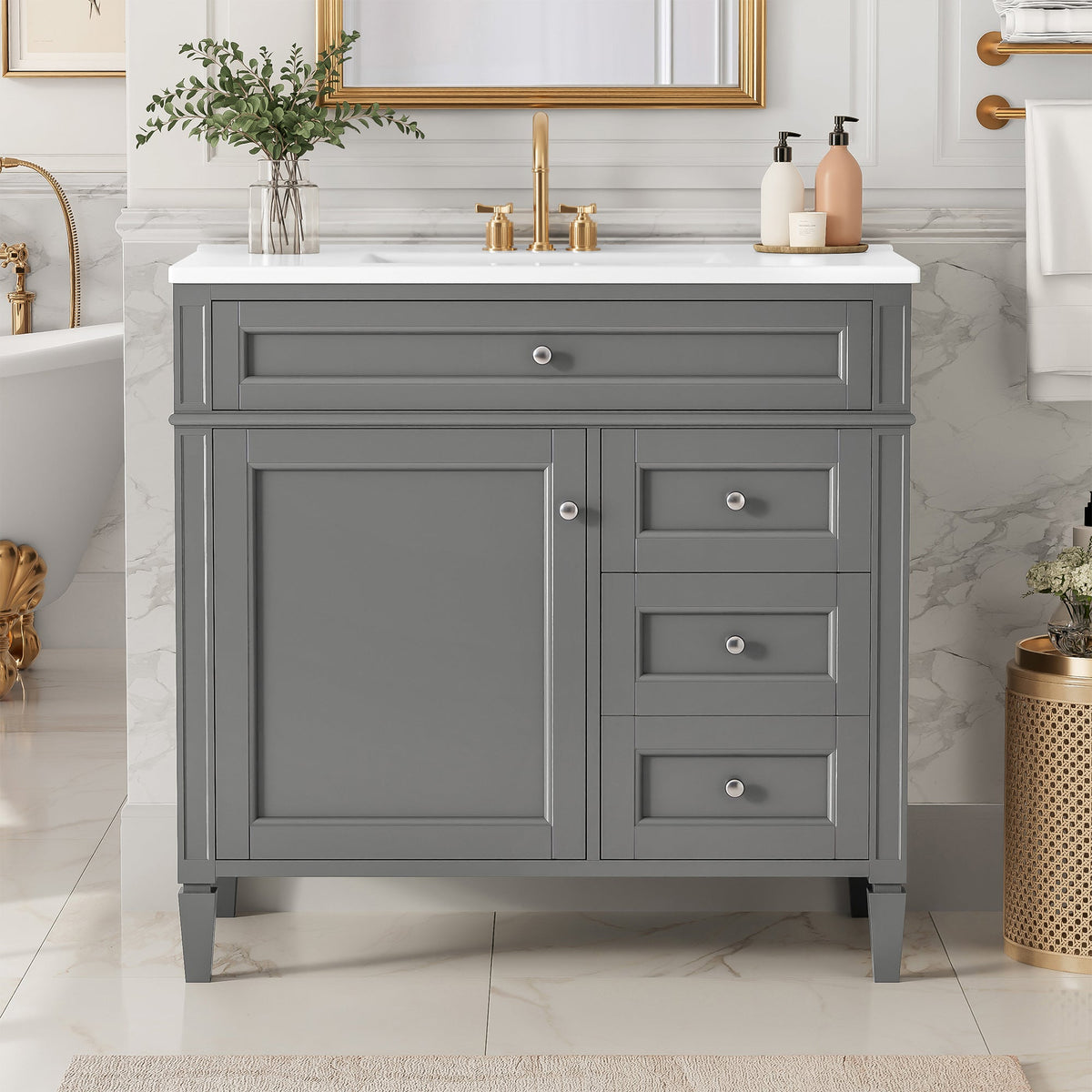 36-Inch Bathroom Vanity with Ceramic Sink, Grey Modern Cabinet