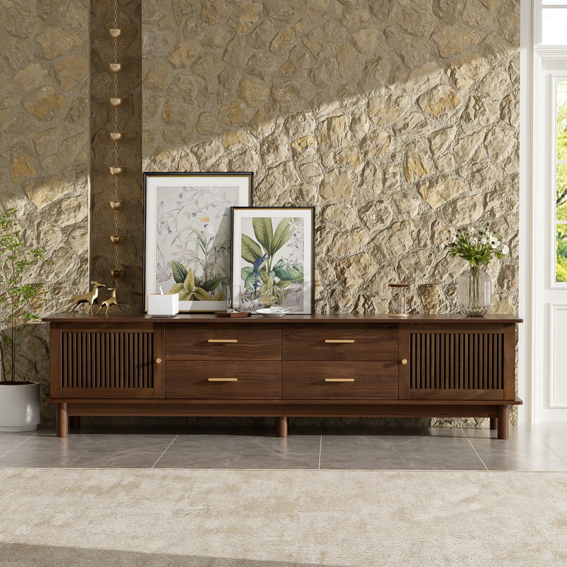 78-Inch Mid-Century TV Stand for 85-Inch TVs, Walnut Wood-Grain with Slatted Doors