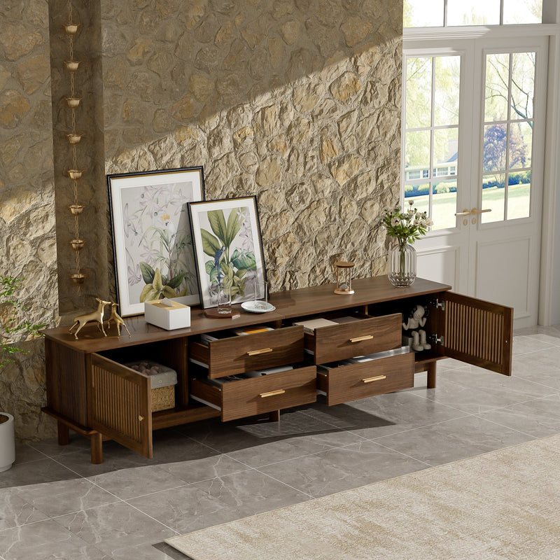 78-Inch Mid-Century TV Stand for 85-Inch TVs, Walnut Wood-Grain with Slatted Doors, photo 2 of 10