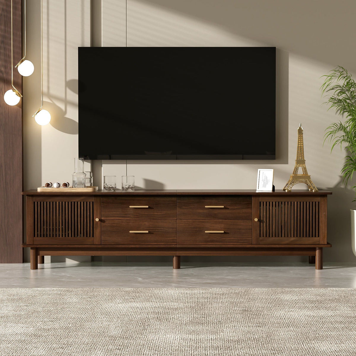 78-Inch Mid-Century TV Stand for 85-Inch TVs, Walnut Wood-Grain with Slatted Doors, photo 3 of 10