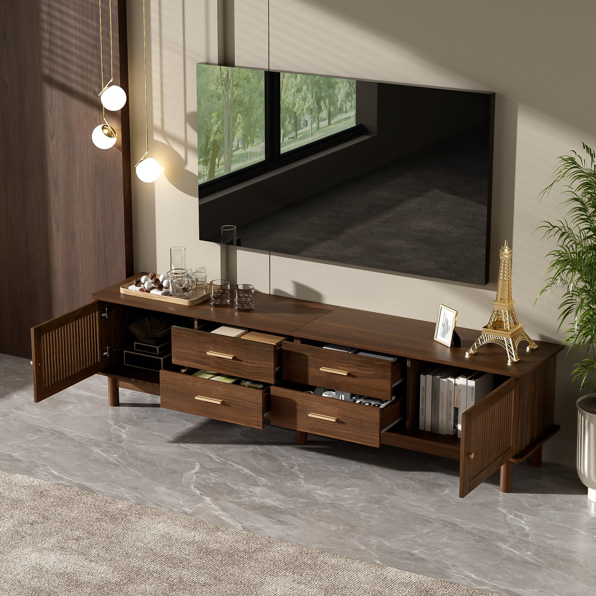 78-Inch Mid-Century TV Stand for 85-Inch TVs, Walnut Wood-Grain with Slatted Doors, photo 4 of 10