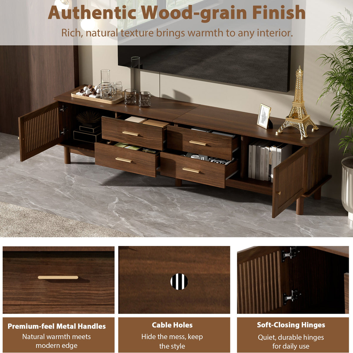 78-Inch Mid-Century TV Stand for 85-Inch TVs, Walnut Wood-Grain with Slatted Doors, photo 5 of 10