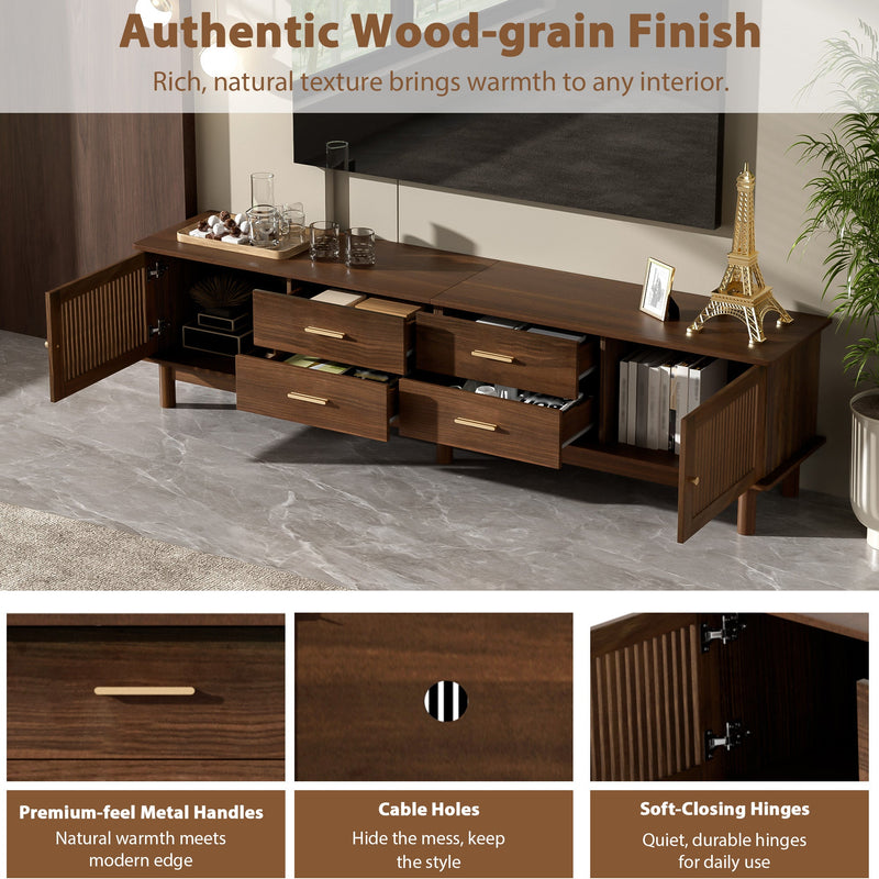 78-Inch Mid-Century TV Stand for 85-Inch TVs, Walnut Wood-Grain with Slatted Doors, photo 5 of 10