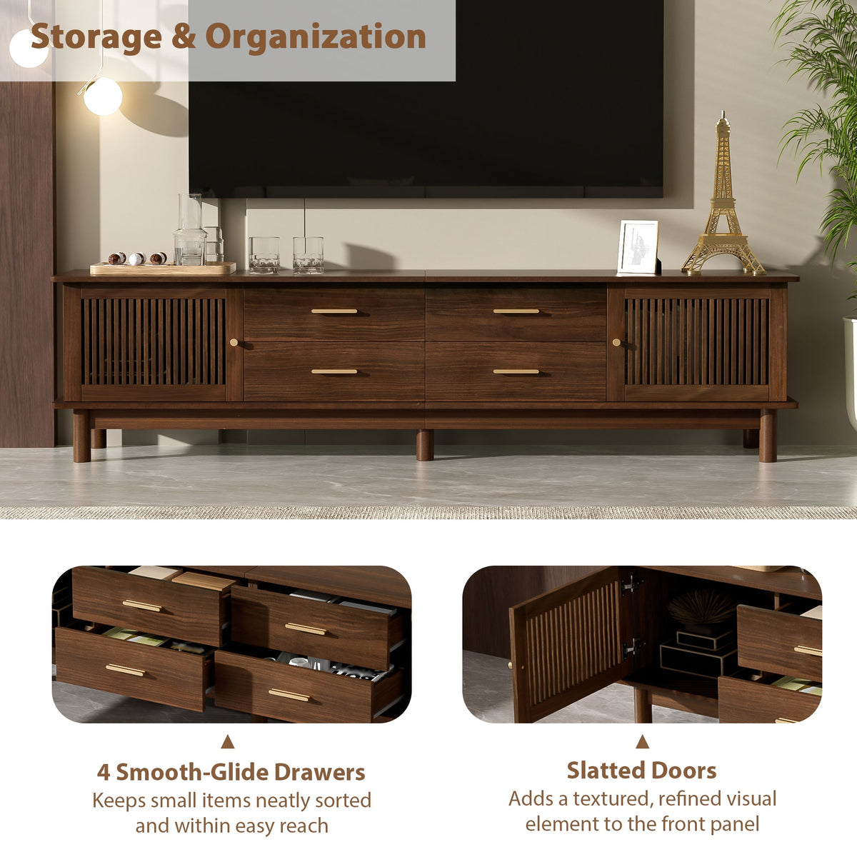 78-Inch Mid-Century TV Stand for 85-Inch TVs, Walnut Wood-Grain with Slatted Doors, photo 6 of 10