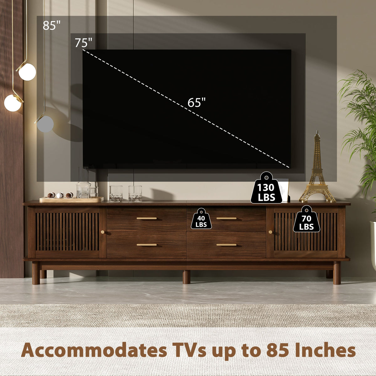 78-Inch Mid-Century TV Stand for 85-Inch TVs, Walnut Wood-Grain with Slatted Doors, photo 7 of 10
