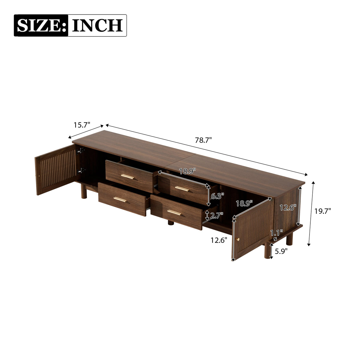 78-Inch Mid-Century TV Stand for 85-Inch TVs, Walnut Wood-Grain with Slatted Doors, photo 9 of 10