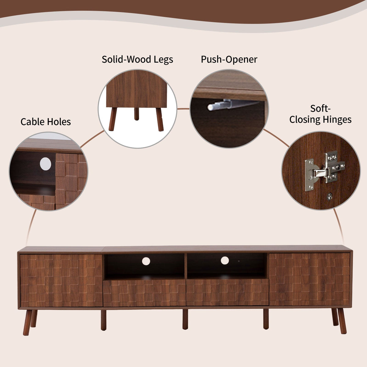 78-Inch Modern TV Stand with Solid Wood Legs, Walnut, photo 5 of 10