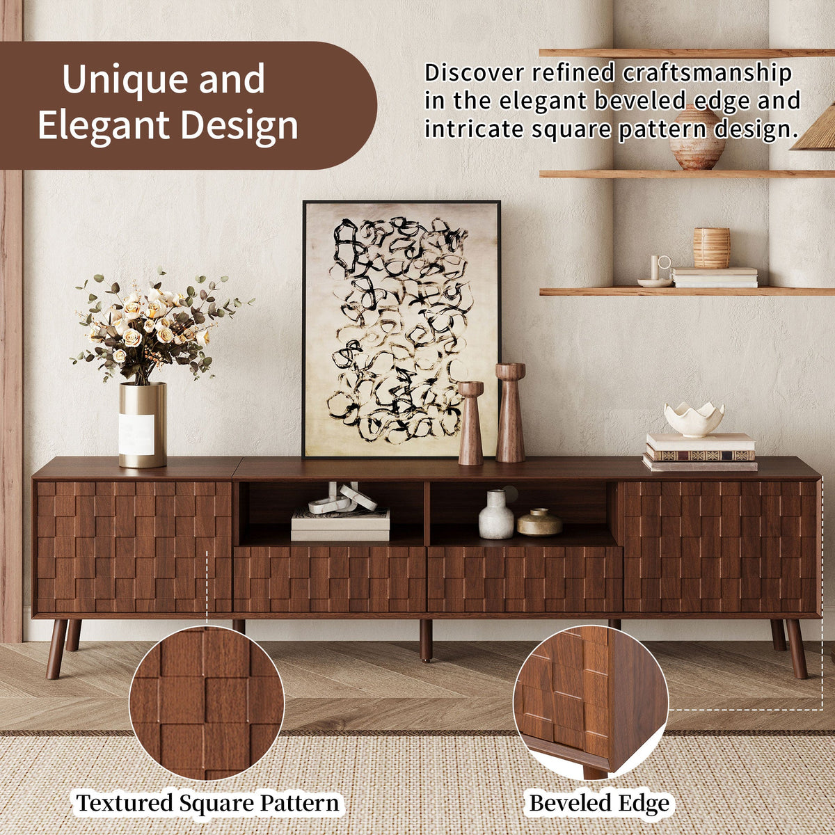 78-Inch Modern TV Stand with Solid Wood Legs, Walnut, photo 6 of 10