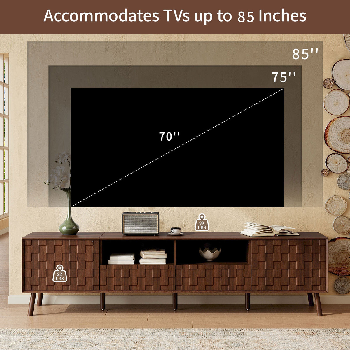 78-Inch Modern TV Stand with Solid Wood Legs, Walnut, photo 7 of 10