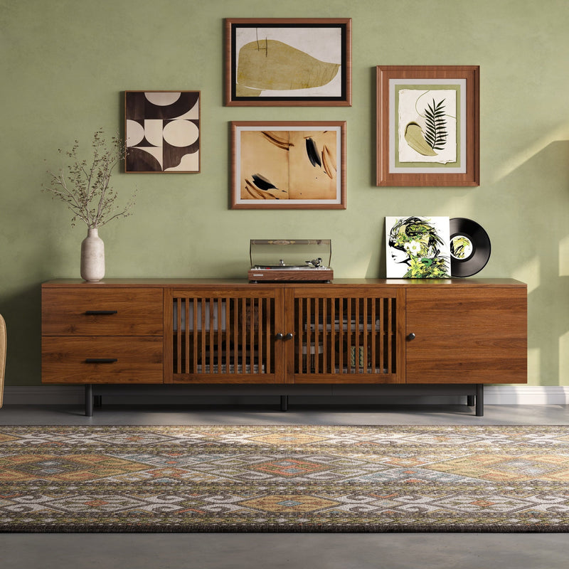78-Inch TV Stand for 85-Inch TVs, Walnut Media Console with Soft-Closing Drawers