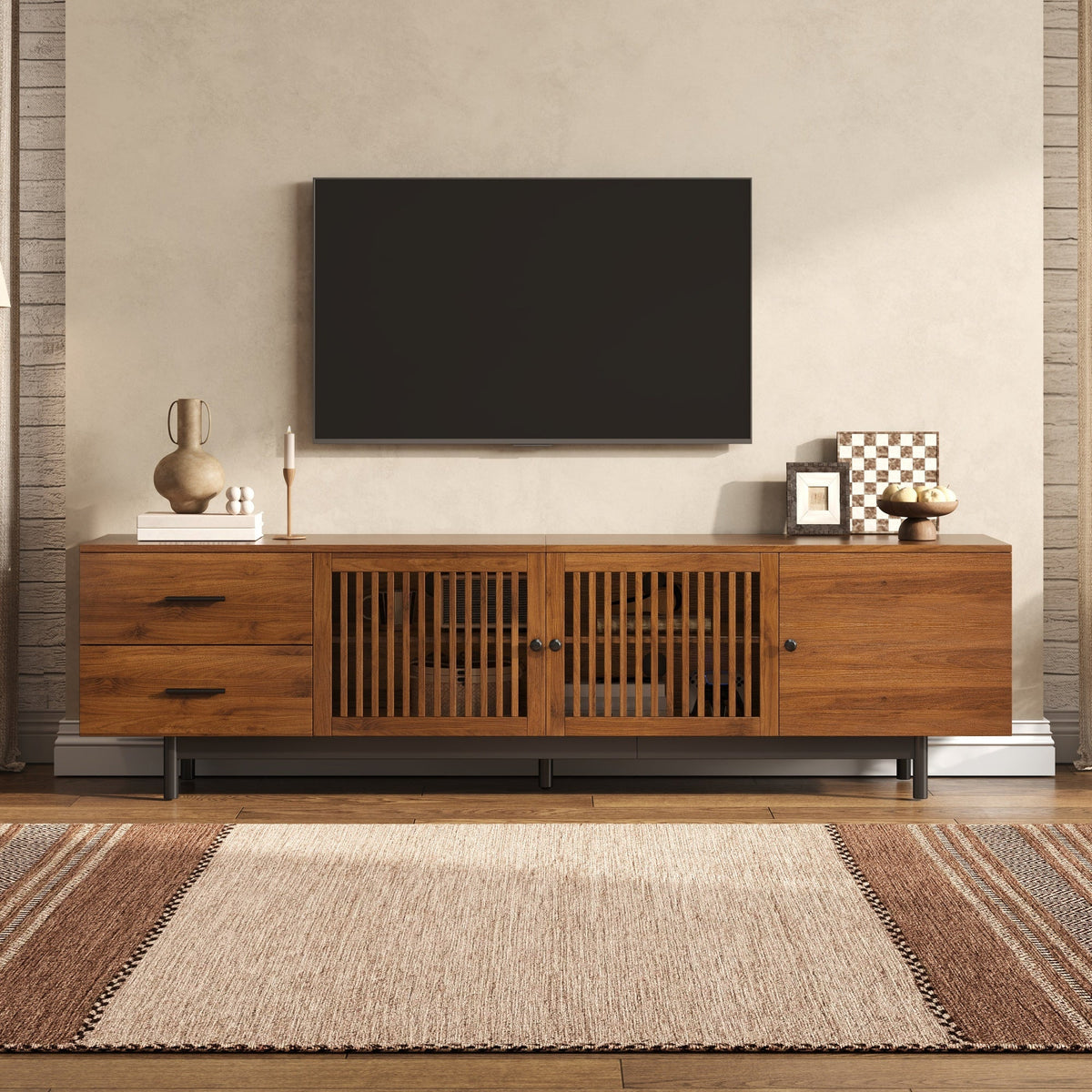 78-Inch TV Stand for 85-Inch TVs, Walnut Media Console with Soft-Closing Drawers, photo 3 of 10