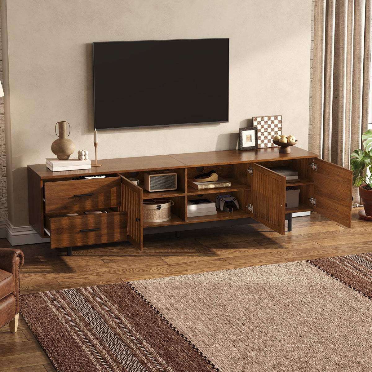 78-Inch TV Stand for 85-Inch TVs, Walnut Media Console with Soft-Closing Drawers, photo 4 of 10