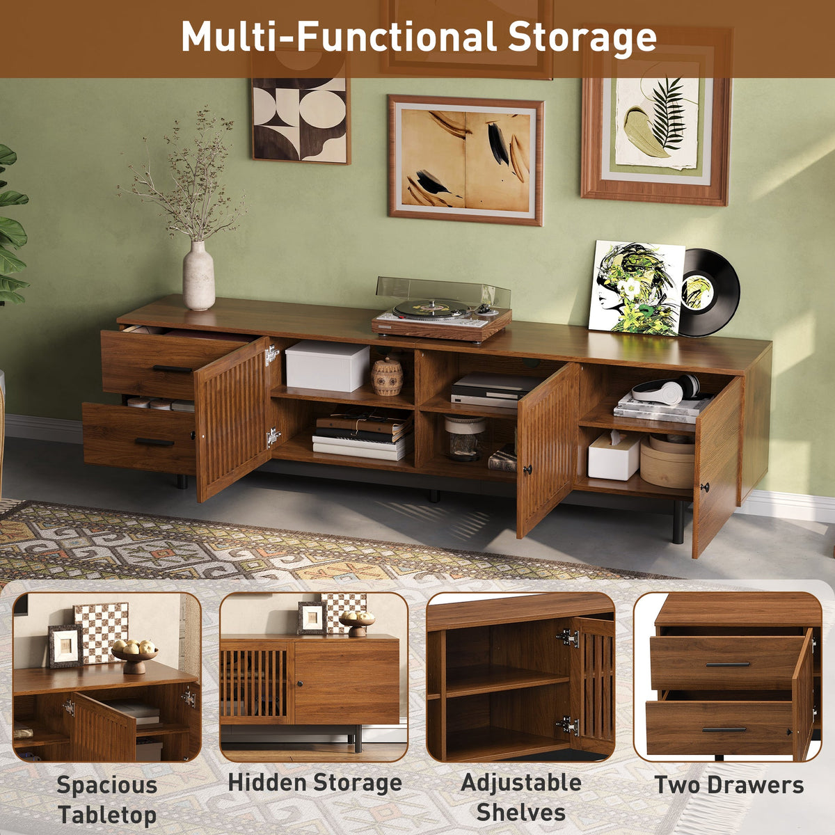 78-Inch TV Stand for 85-Inch TVs, Walnut Media Console with Soft-Closing Drawers, photo 5 of 10