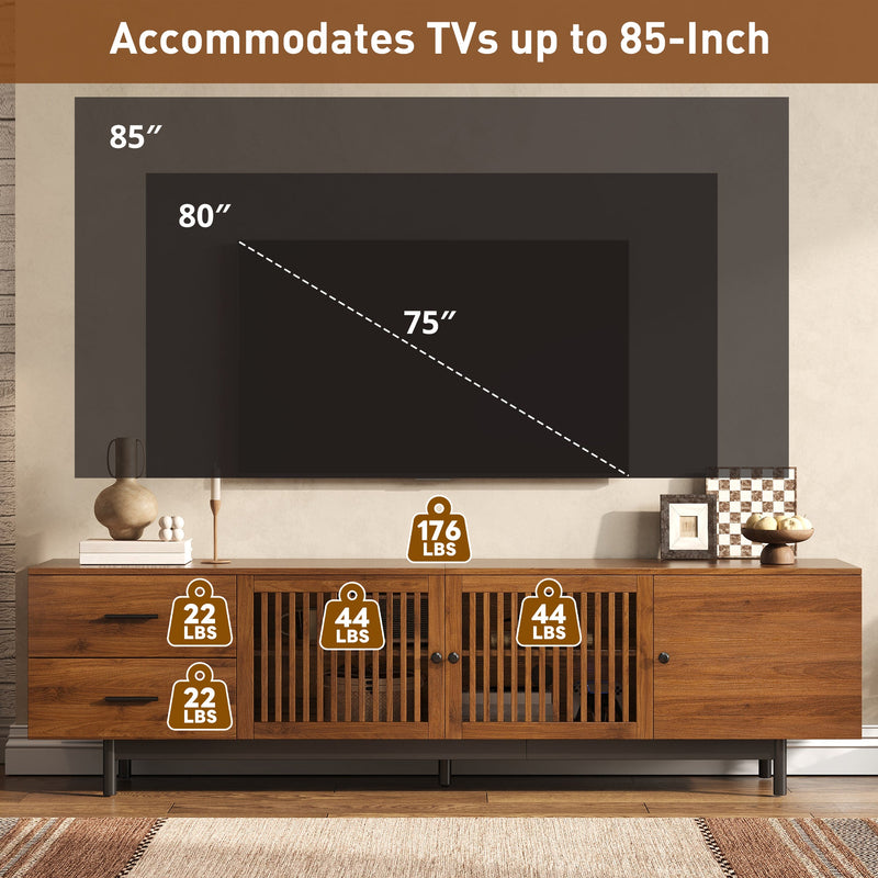78-Inch TV Stand for 85-Inch TVs, Walnut Media Console with Soft-Closing Drawers, photo 7 of 10