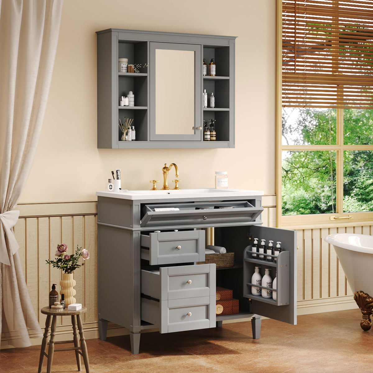 Bathroom Vanity With Mirror Cabinet, Single Sink With 2 Soft Closing Doors And 4 Drawers, photo 11 of 20