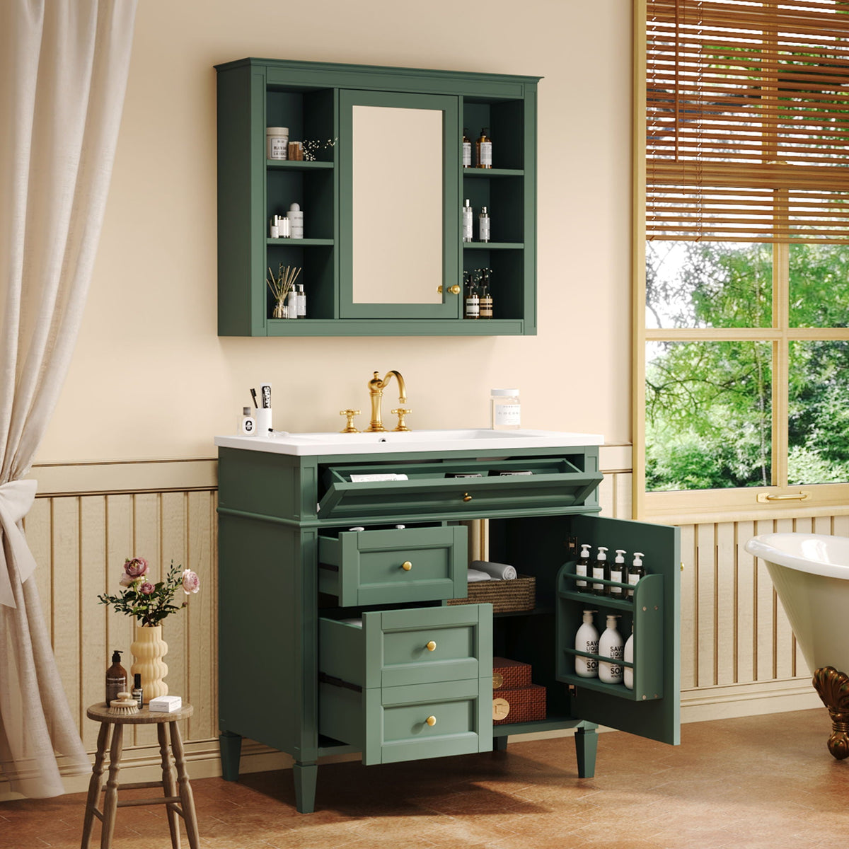 Bathroom Vanity With Mirror Cabinet, Single Sink With 2 Soft Closing Doors And 4 Drawers, photo 16 of 20