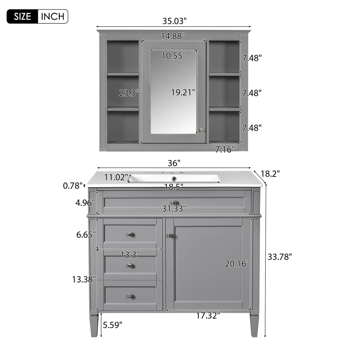 Bathroom Vanity With Mirror Cabinet, Single Sink With 2 Soft Closing Doors And 4 Drawers, photo 19 of 20