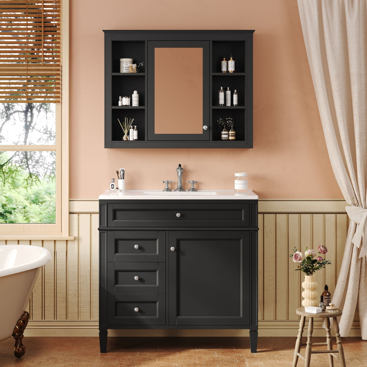 Bathroom Vanity With Mirror Cabinet, Single Sink With 2 Soft Closing Doors And 4 Drawers, photo 7 of 20