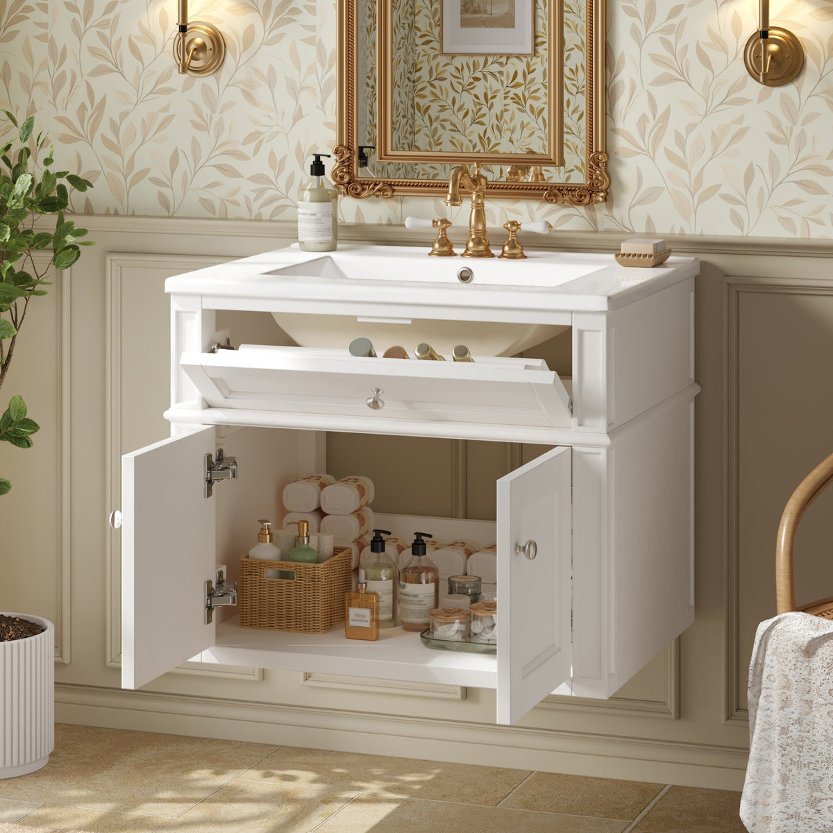 Modern 24-Inch Wall-Mounted Bathroom Vanity with Ceramic Sink, White, photo 3 of 10