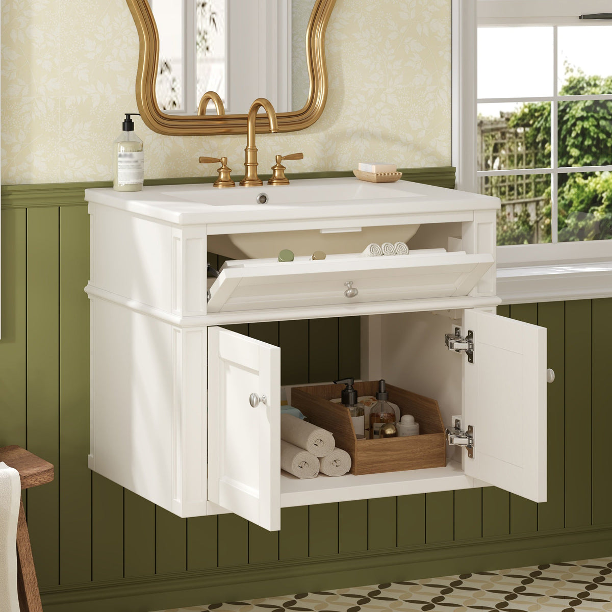 Modern 24-Inch Wall-Mounted Bathroom Vanity with Ceramic Sink, White, photo 5 of 10