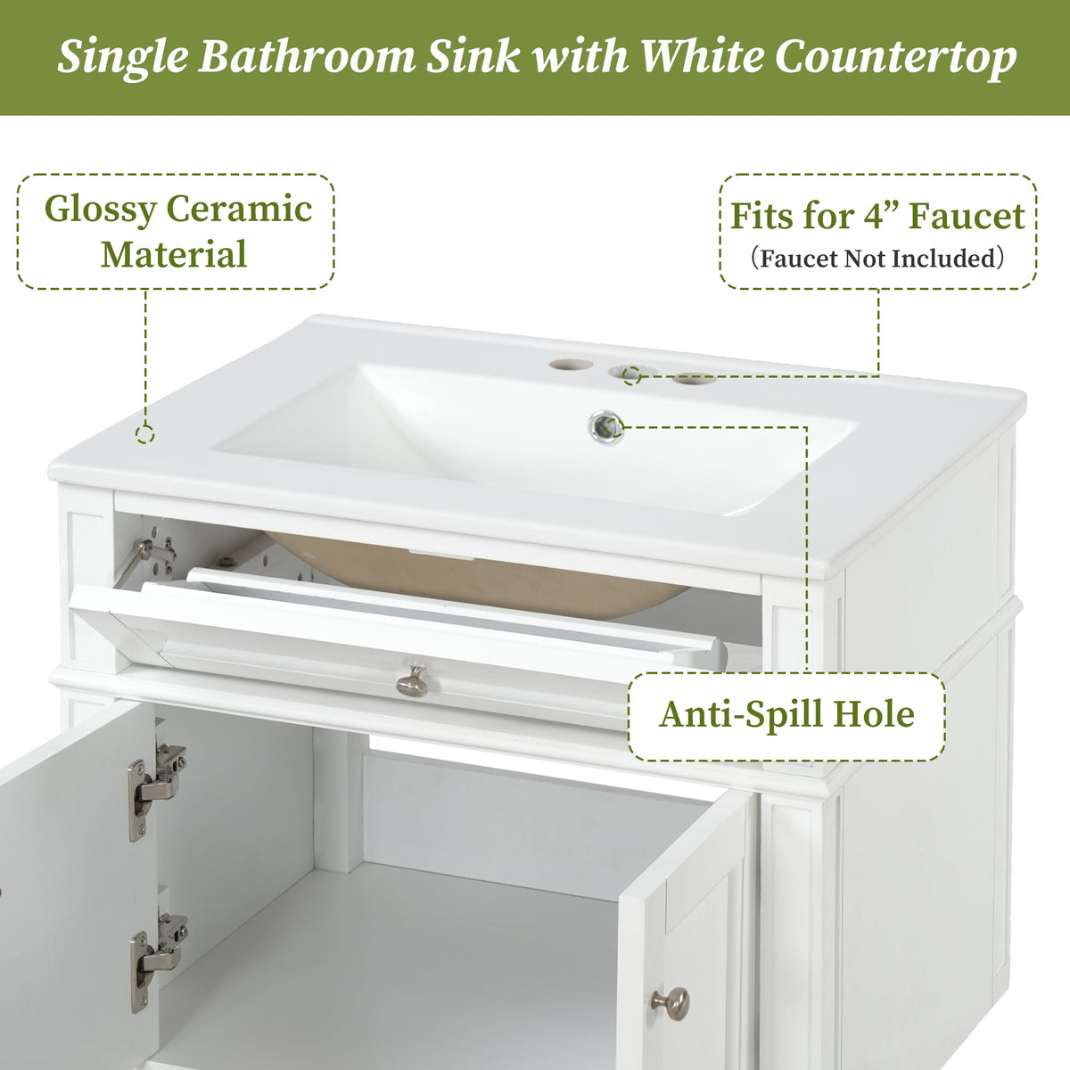 Modern 24-Inch Wall-Mounted Bathroom Vanity with Ceramic Sink, White, photo 6 of 10