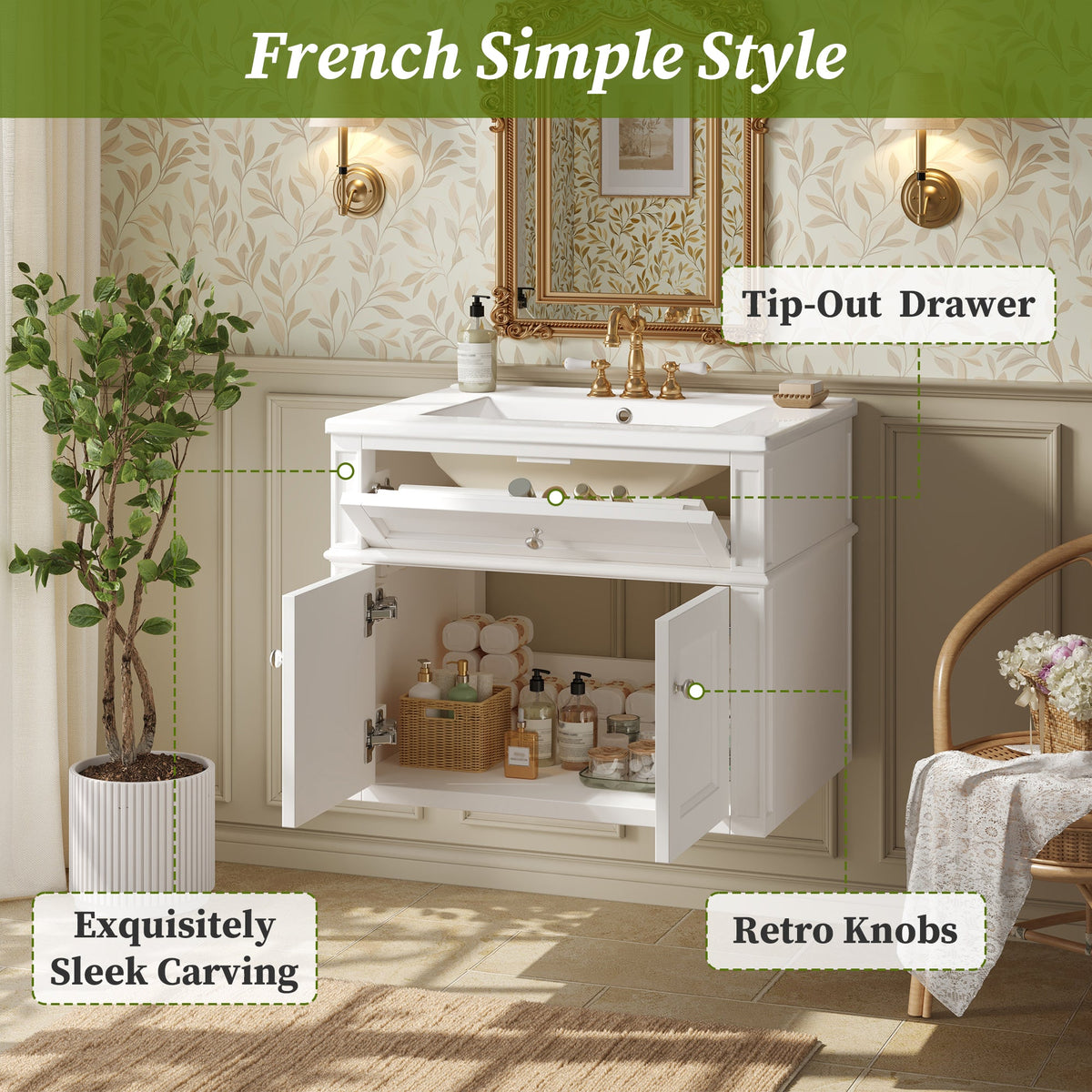 Modern 24-Inch Wall-Mounted Bathroom Vanity with Ceramic Sink, White, photo 8 of 10