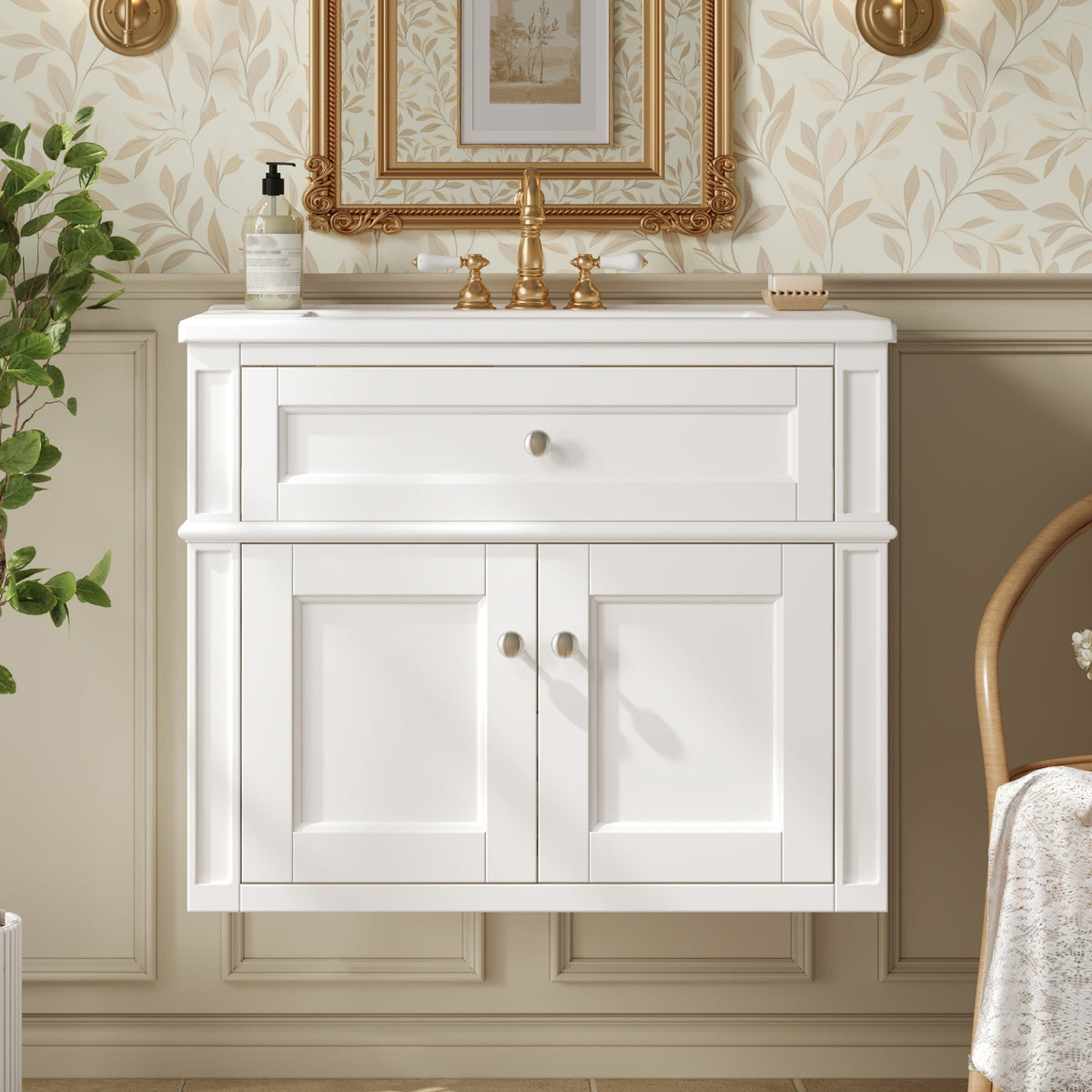 Modern 24-Inch Wall-Mounted Bathroom Vanity with Ceramic Sink, White
