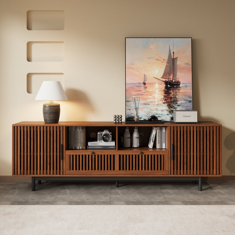 Modern TV Stand for TVs up to 85 Inches, 78-Inch Entertainment Center, Walnut with Slatted Doors