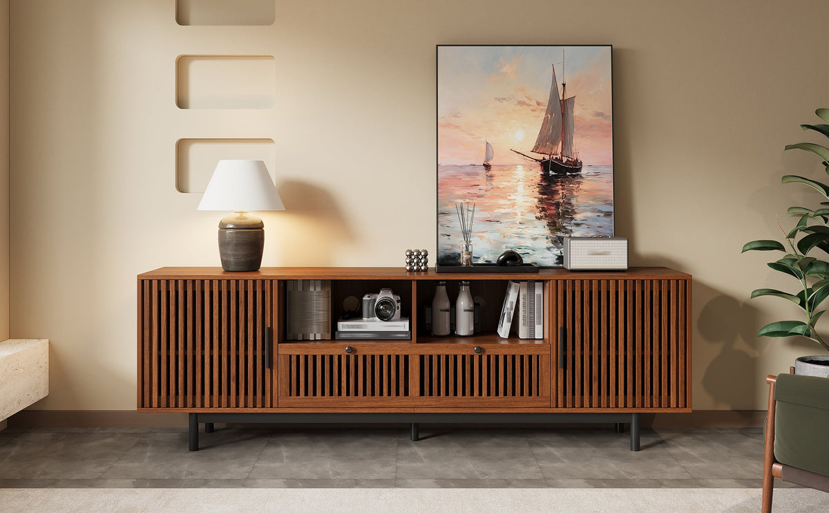 Modern TV Stand for TVs up to 85 Inches, 78-Inch Entertainment Center, Walnut with Slatted Doors, photo 10 of 10