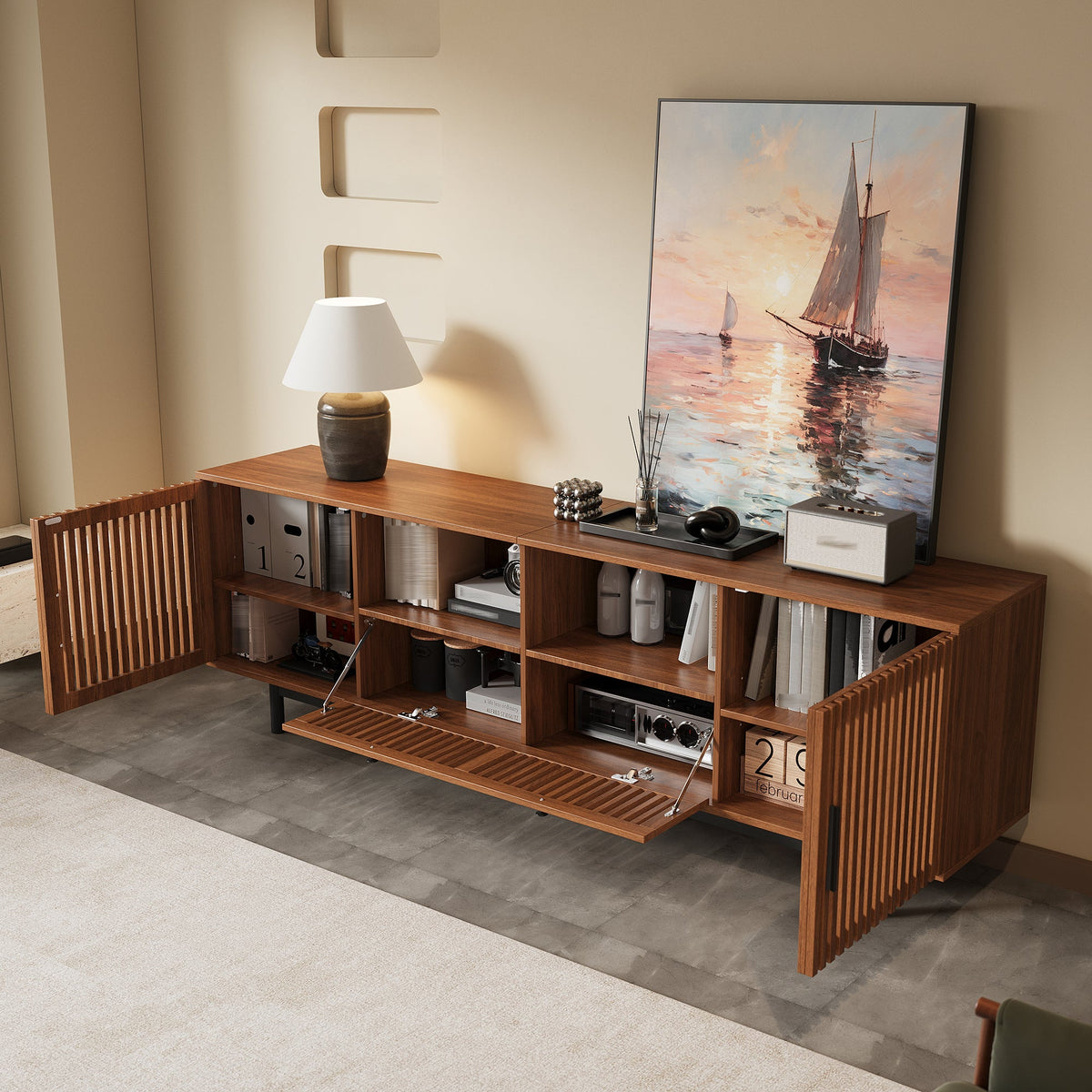 Modern TV Stand for TVs up to 85 Inches, 78-Inch Entertainment Center, Walnut with Slatted Doors, photo 2 of 10