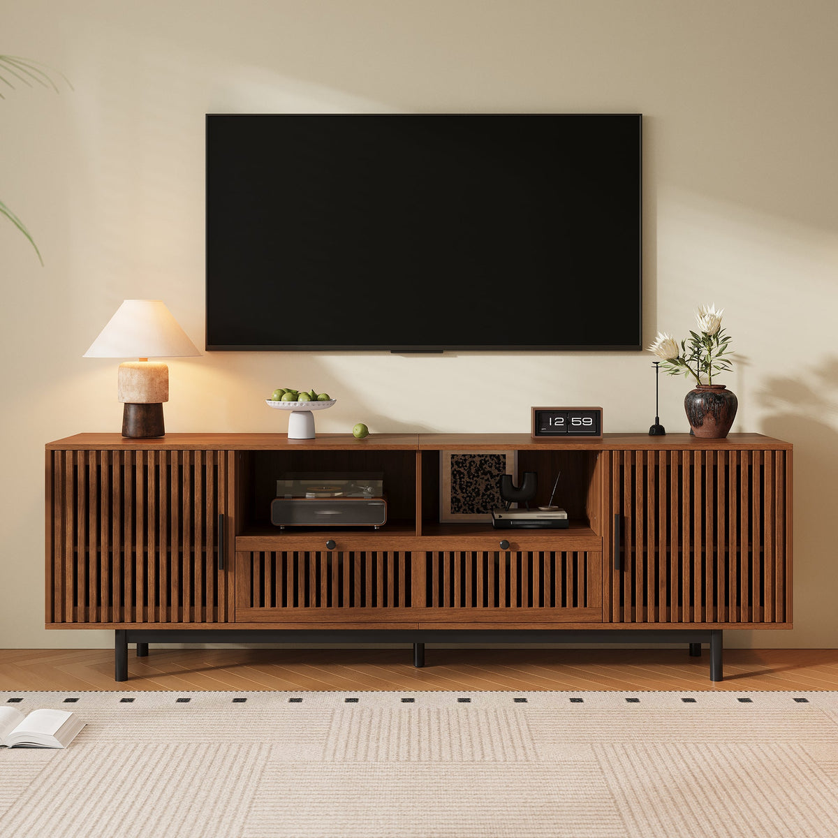 Modern TV Stand for TVs up to 85 Inches, 78-Inch Entertainment Center, Walnut with Slatted Doors, photo 3 of 10