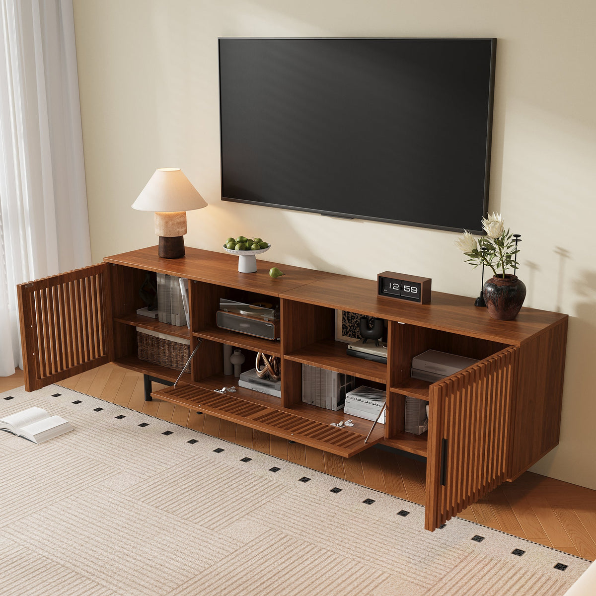 Modern TV Stand for TVs up to 85 Inches, 78-Inch Entertainment Center, Walnut with Slatted Doors, photo 4 of 10