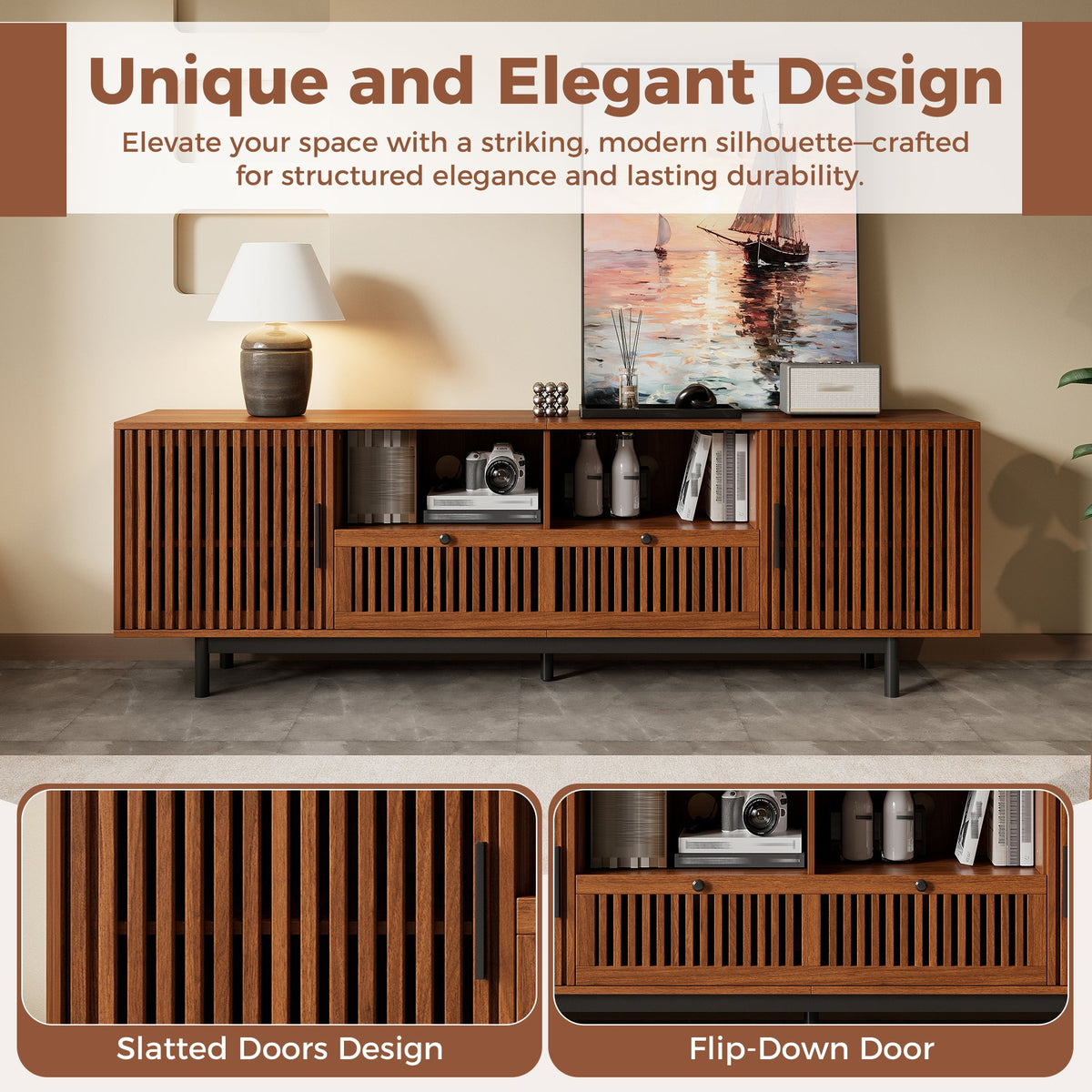 Modern TV Stand for TVs up to 85 Inches, 78-Inch Entertainment Center, Walnut with Slatted Doors, photo 5 of 10