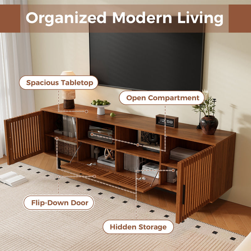 Modern TV Stand for TVs up to 85 Inches, 78-Inch Entertainment Center, Walnut with Slatted Doors, photo 6 of 10
