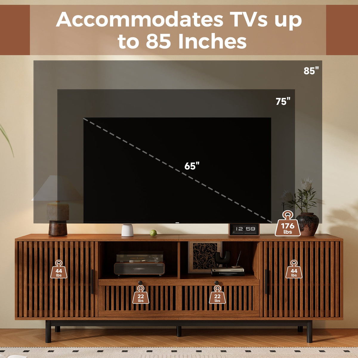 Modern TV Stand for TVs up to 85 Inches, 78-Inch Entertainment Center, Walnut with Slatted Doors, photo 7 of 10