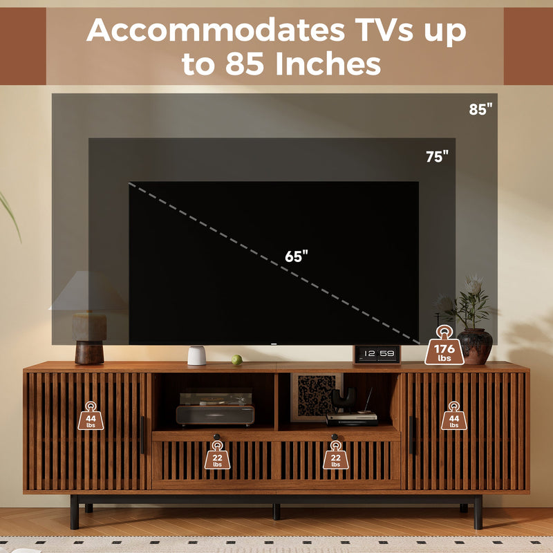 Modern TV Stand for TVs up to 85 Inches, 78-Inch Entertainment Center, Walnut with Slatted Doors, photo 7 of 10