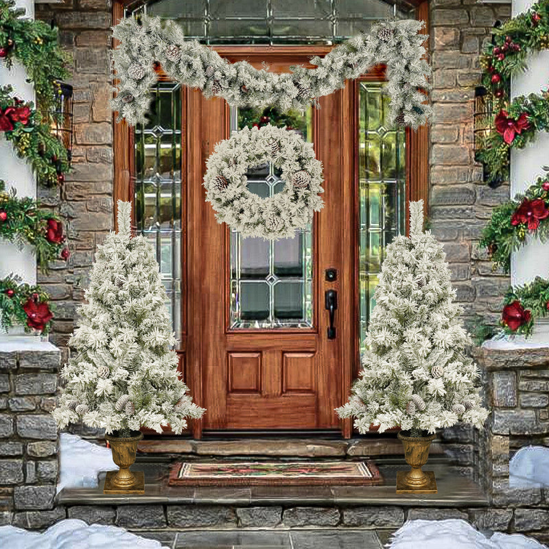 Pre-lit Xmas Tree Artificial Christmas 4-Piece Set,Garland, Wreath and Set of 2 Entrance Trees X-mas with LED Lights, Christmas Tree, photo 2 of 10