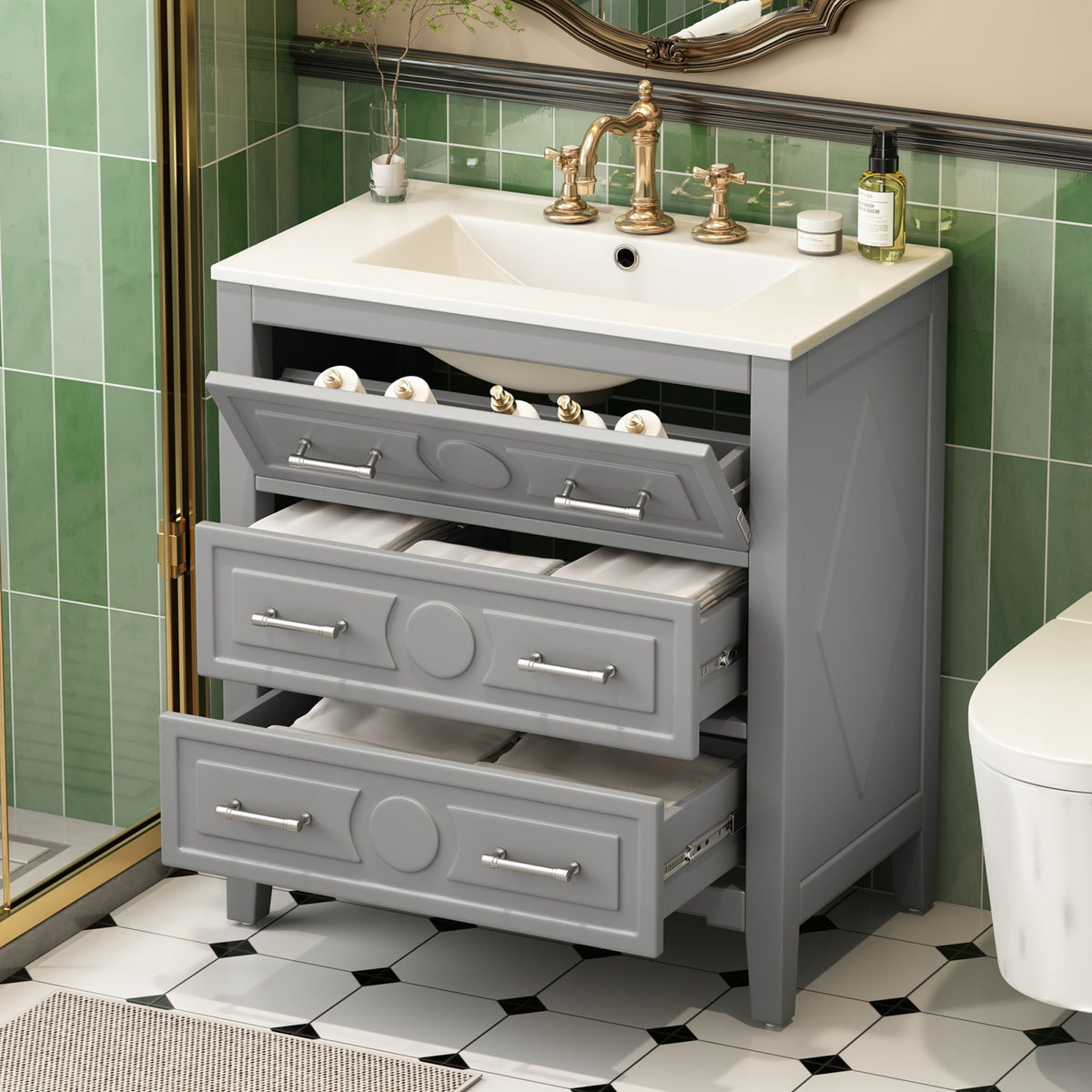 Retro Bathroom Vanity With Sink Combo, Free Standing Single Set With 3 Drawers, photo 6 of 8