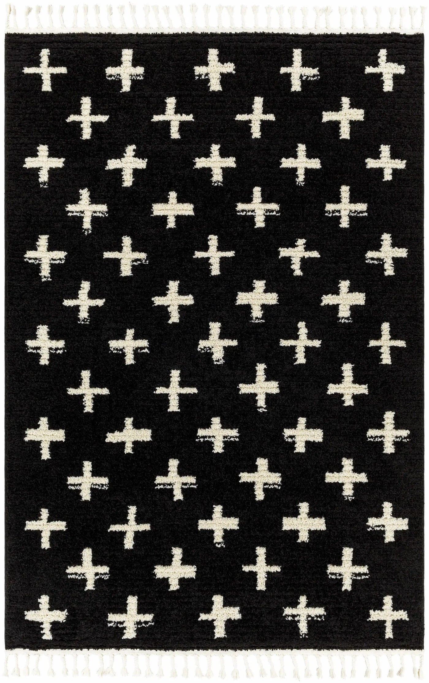 Anda White Cross on Black Plush Rug - Clearance by Boutique Rugs